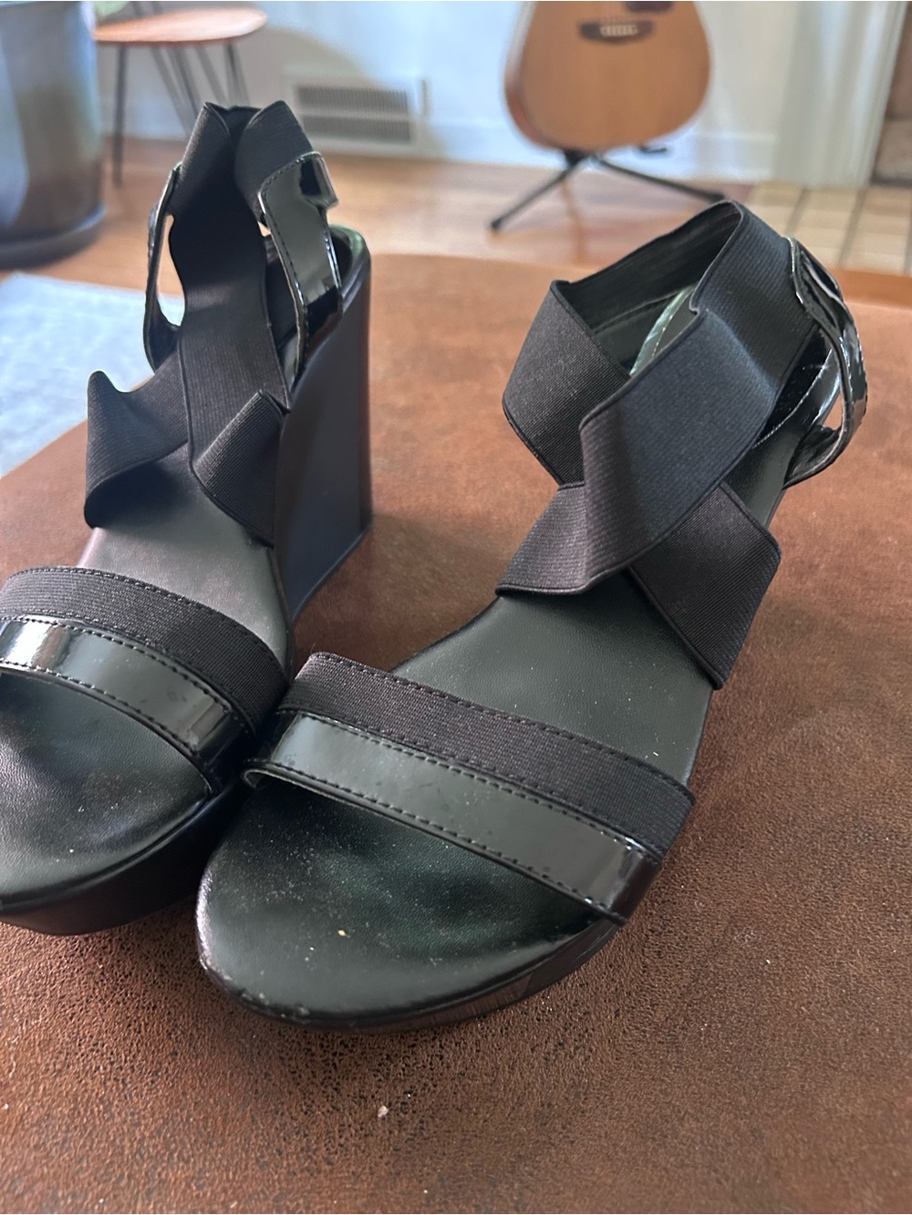 Charles David Black Elastic Crisscross Wedge Sandals